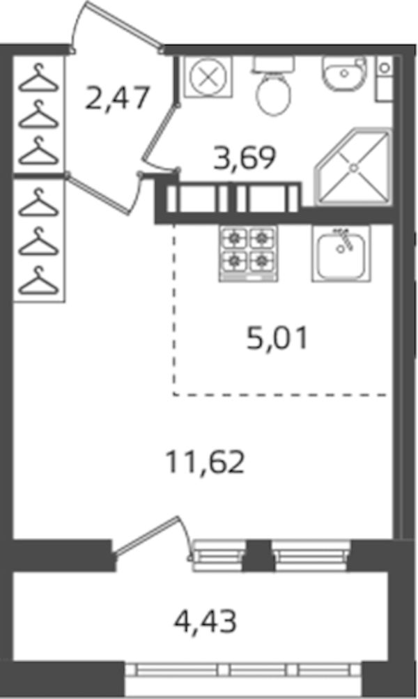 Квартира студия 22.79 м², 15/16 эт., ЖК «Б15»