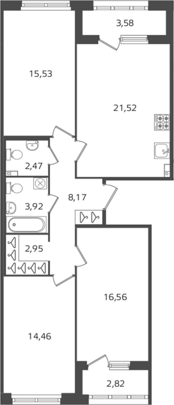 3-комнатная квартира 85.58 м², 3/16 эт., ЖК «Б15»