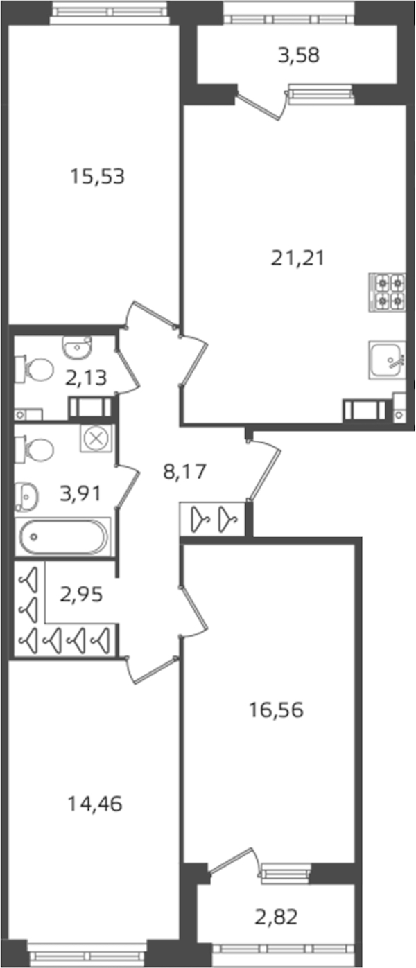 3-комнатная квартира 84.92 м², 5/16 эт., ЖК «Б15»