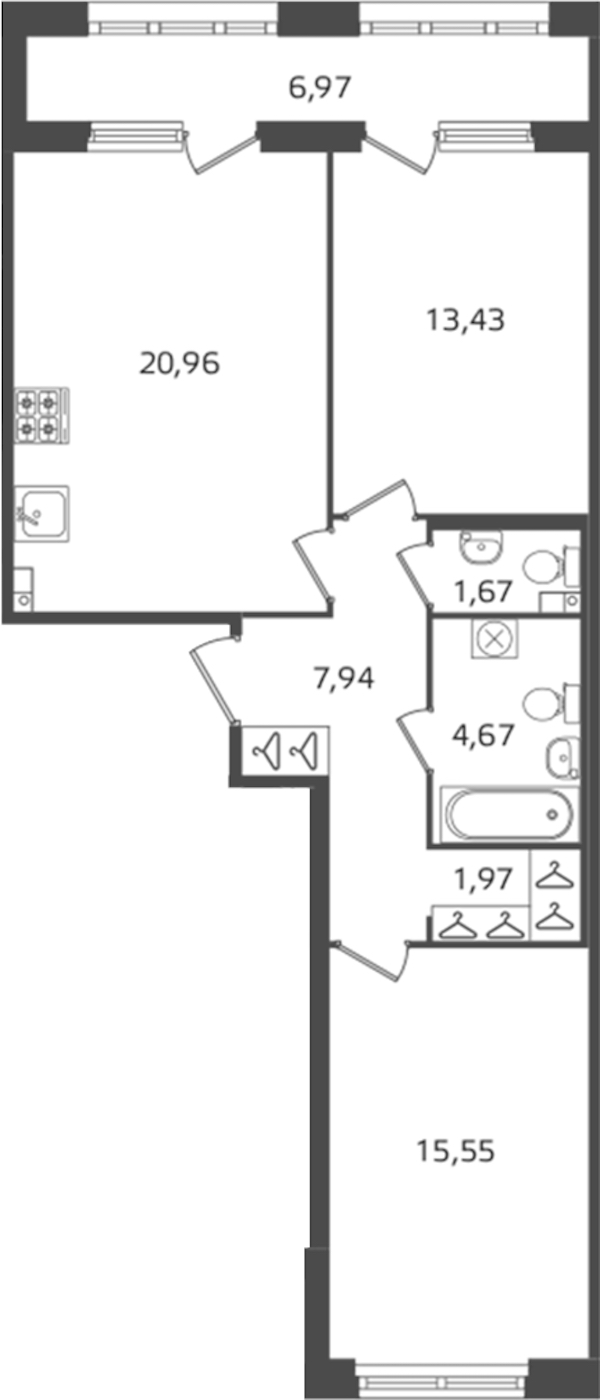 2-комнатная квартира 66.19 м², 3/16 эт., ЖК «Б15»
