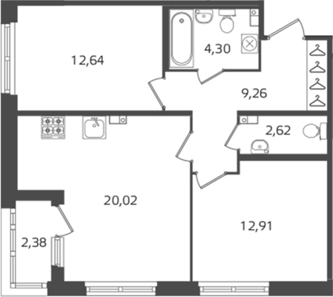 2-комнатная квартира 61.75 м², 3/16 эт., ЖК «Б15»