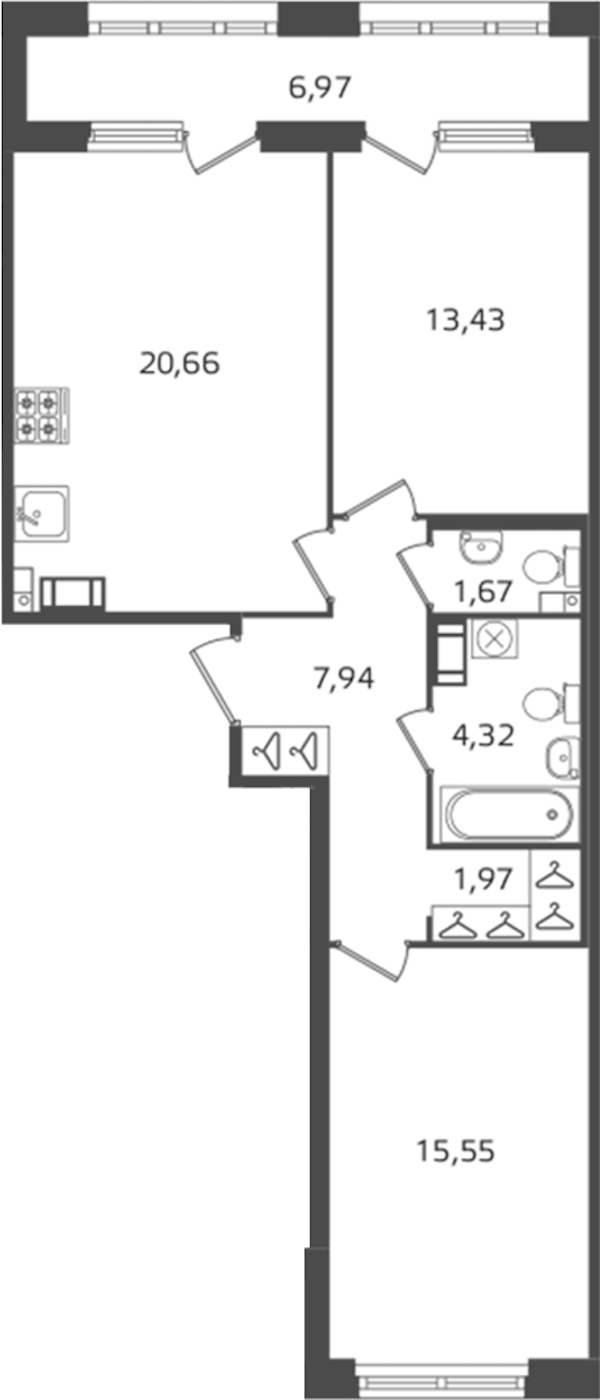 2-комнатная квартира 65.54 м², 6/16 эт., ЖК «Б15»