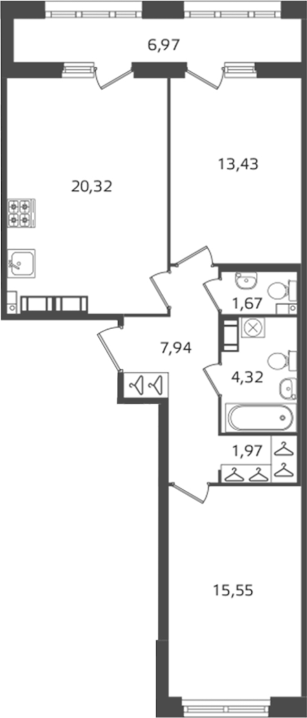2-комнатная квартира 65.2 м², 13/16 эт., ЖК «Б15»