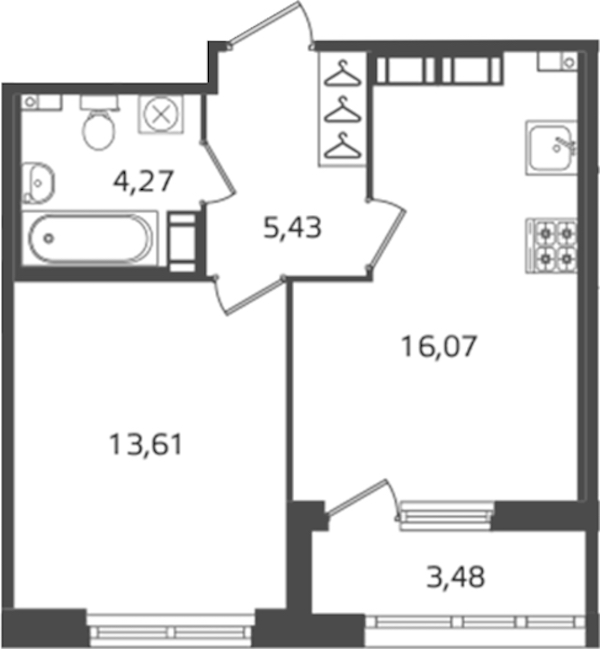 1-комнатная квартира 39.38 м², 13/16 эт., ЖК «Б15»