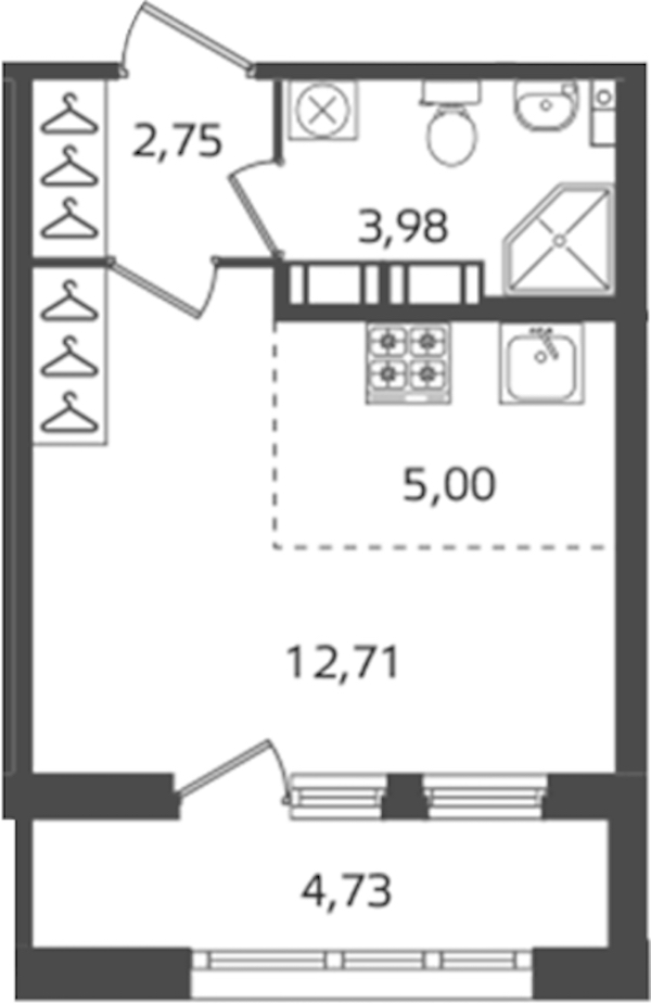 Квартира студия 24.44 м², 14/16 эт., ЖК «Б15»
