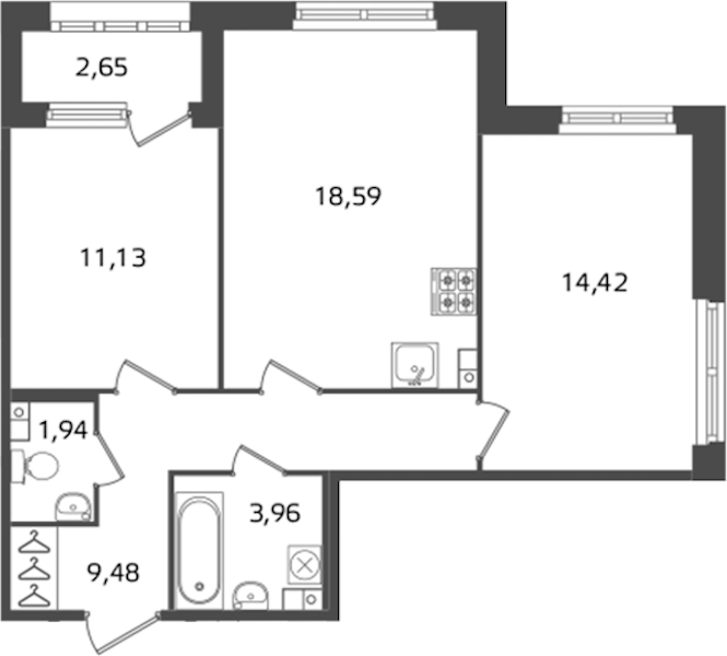 2-комнатная квартира 59.52 м², 3/17 эт., ЖК «Б15»