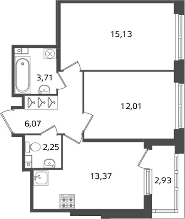 2-комнатная квартира 52.54 м², 3/17 эт., ЖК «Б15»