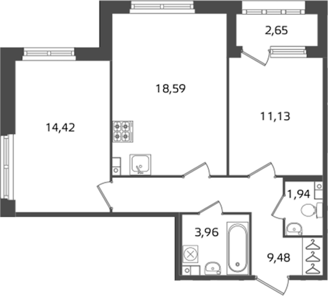 2-комнатная квартира 59.52 м², 3/17 эт., ЖК «Б15»