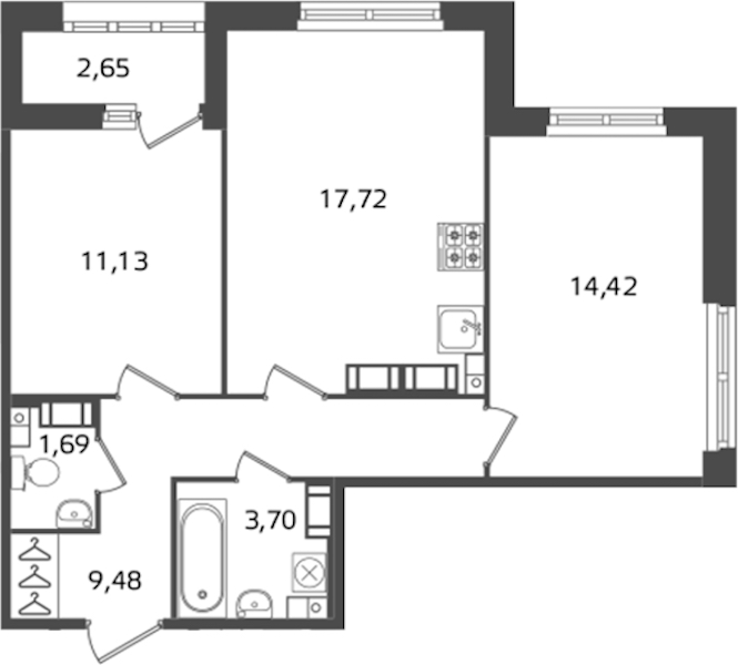 2-комнатная квартира 58.14 м², 16/17 эт., ЖК «Б15»