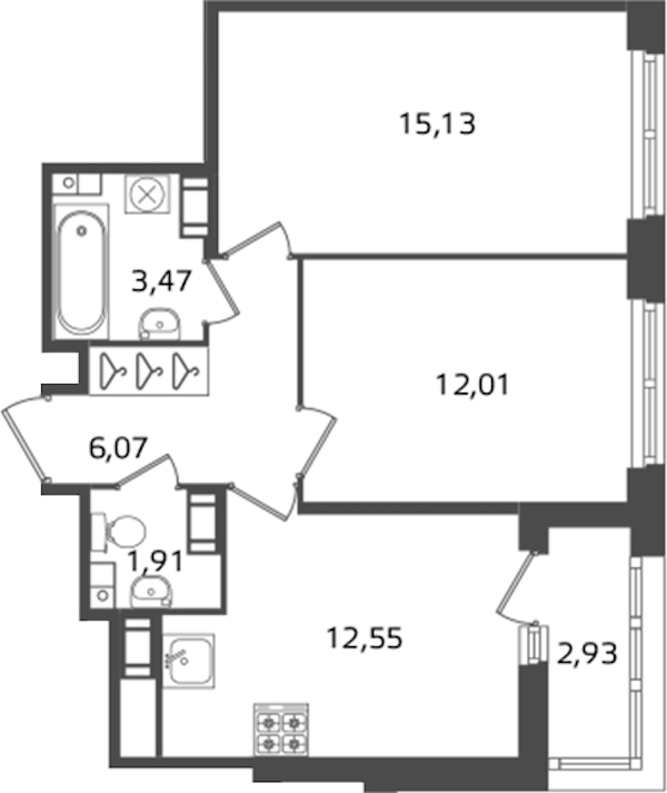 2-комнатная квартира 51.14 м², 15/17 эт., ЖК «Б15»