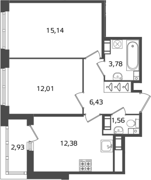 2-комнатная квартира 51.3 м², 15/17 эт., ЖК «Б15»