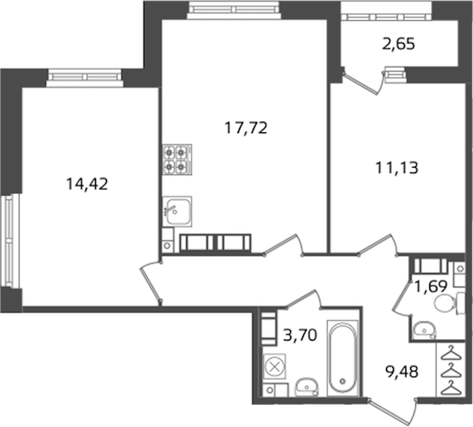 2-комнатная квартира 58.14 м², 17/17 эт., ЖК «Б15»
