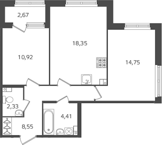 2-комнатная квартира 59.31 м², 3/17 эт., ЖК «Б15»
