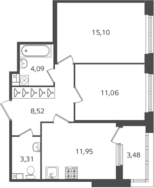 2-комнатная квартира 54.03 м², 3/17 эт., ЖК «Б15»