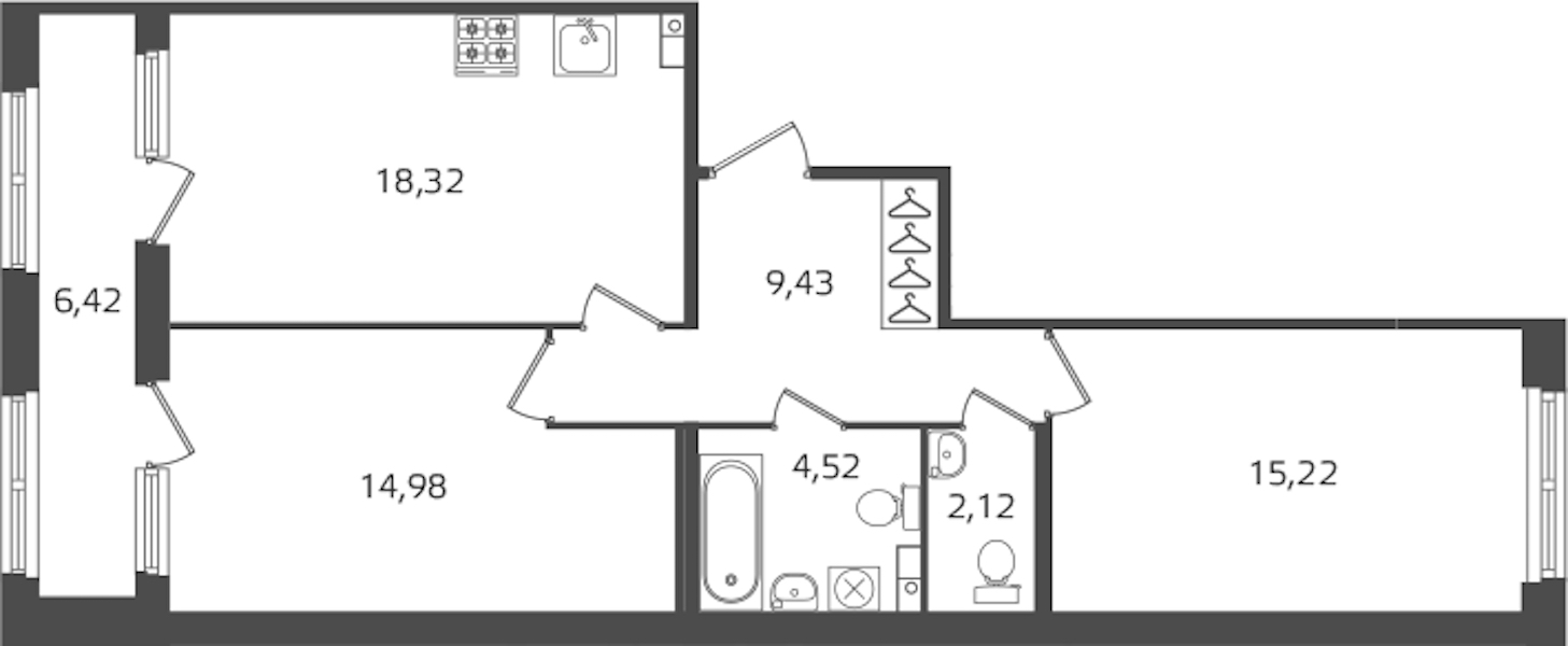 2-комнатная квартира 64.59 м², 3/17 эт., ЖК «Б15»