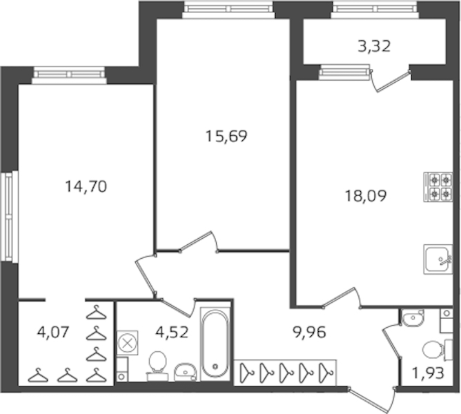 2-комнатная квартира 68.96 м², 3/17 эт., ЖК «Б15»