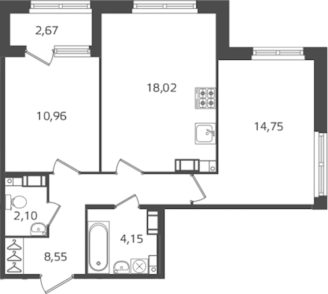 2-комнатная квартира 58.53 м², 5/17 эт., ЖК «Б15»