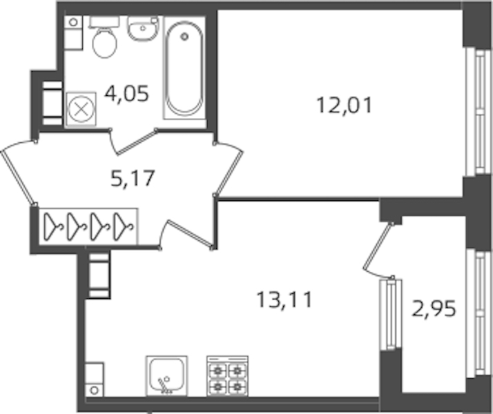 1-комнатная квартира 34.34 м², 5/17 эт., ЖК «Б15»