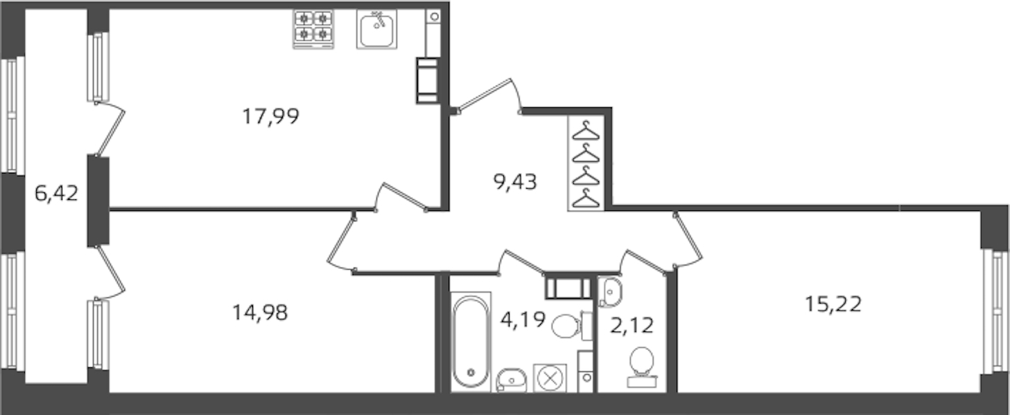 2-комнатная квартира 63.93 м², 5/17 эт., ЖК «Б15»