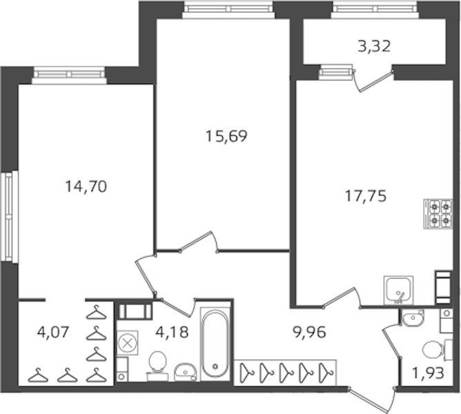 2-комнатная квартира 68.28 м², 7/17 эт., ЖК «Б15»