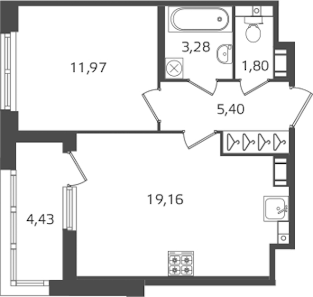 1-комнатная квартира 41.61 м², 11/17 эт., ЖК «Б15»