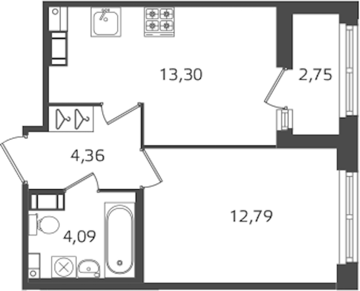 1-комнатная квартира 34.54 м², 12/17 эт., ЖК «Б15»