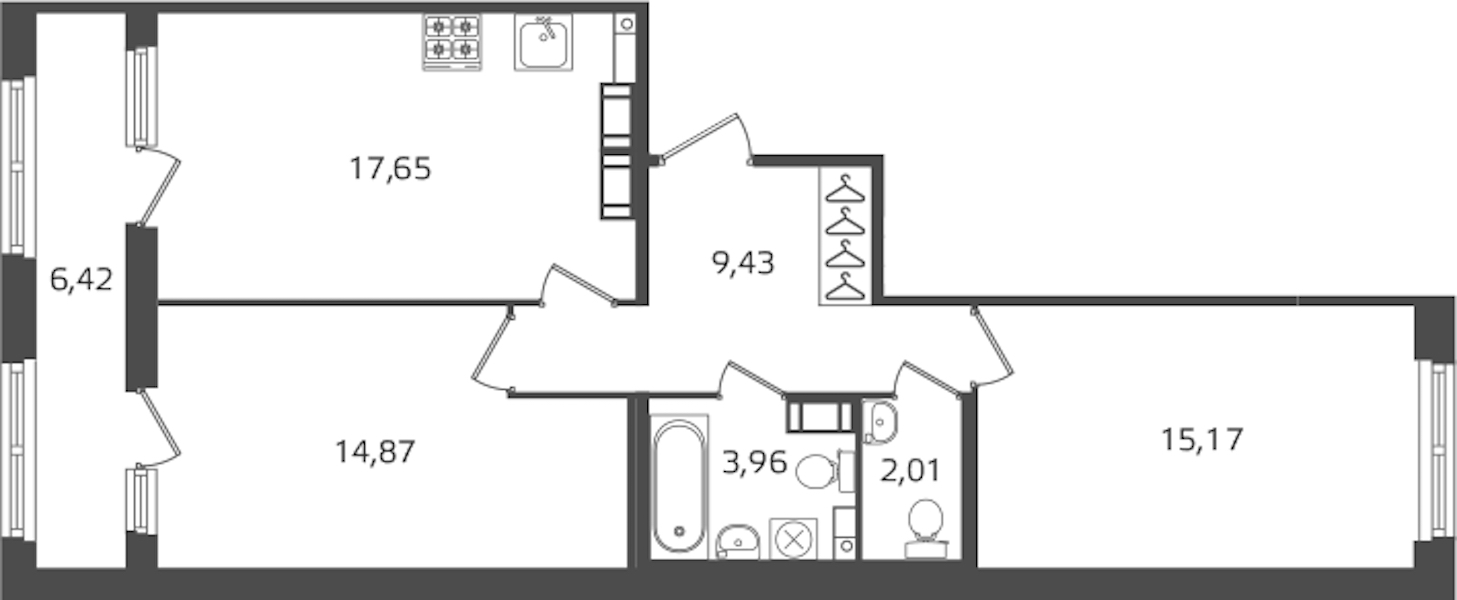 2-комнатная квартира 63.09 м², 16/17 эт., ЖК «Б15»