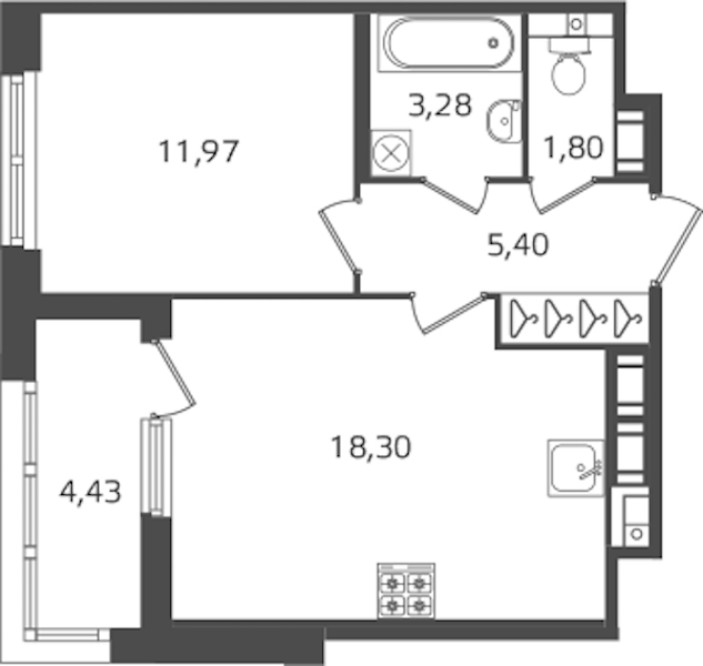 1-комнатная квартира 40.75 м², 16/17 эт., ЖК «Б15»