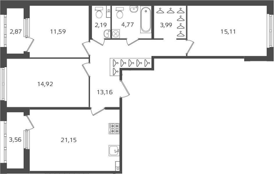3-комнатная квартира 86.88 м², 2/10 эт., ЖК «Б15»