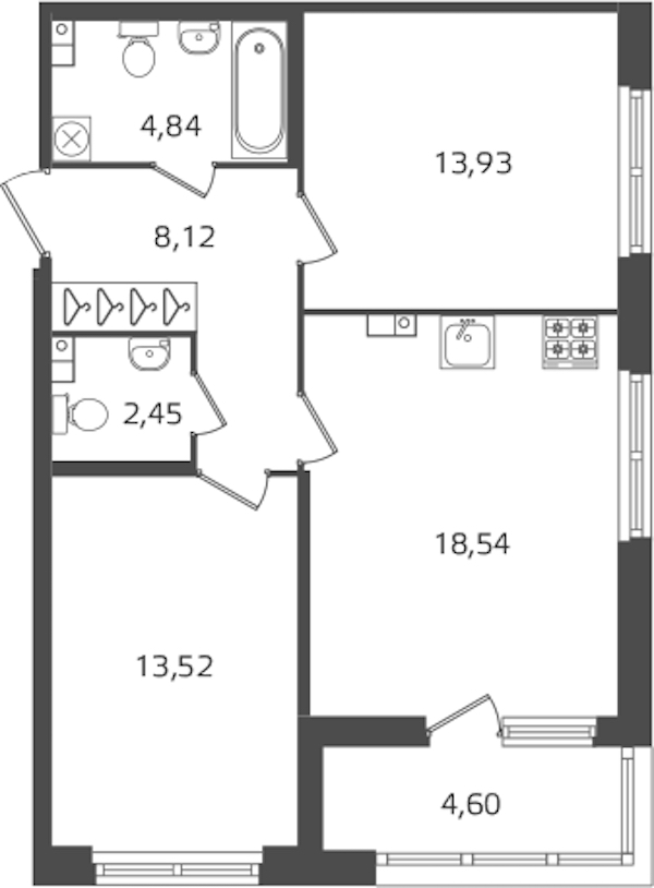 2-комнатная квартира 61.4 м², 2/15 эт., ЖК «Б15»