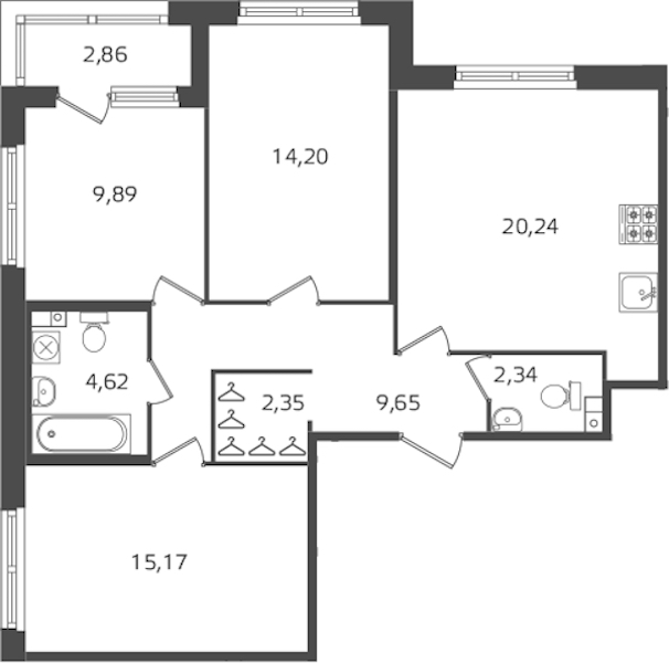 3-комнатная квартира 78.46 м², 2/15 эт., ЖК «Б15»