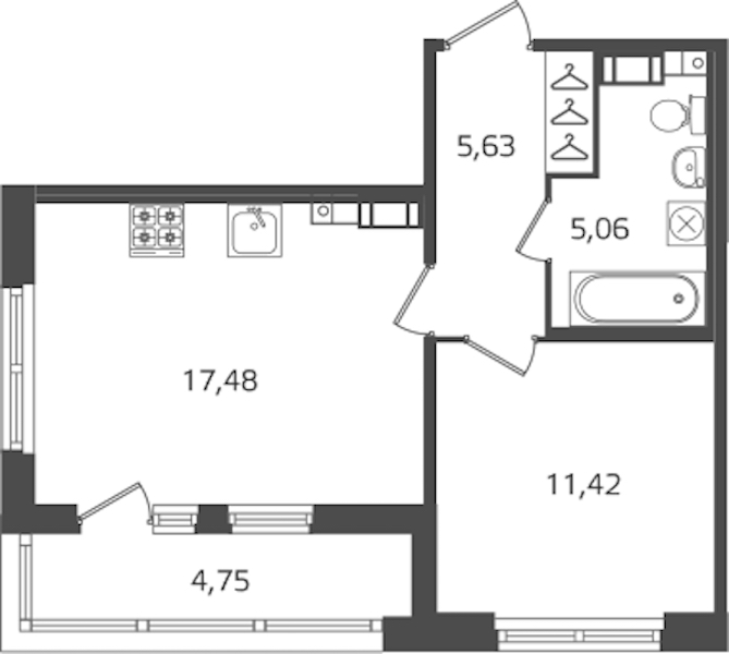 1-комнатная квартира 39.59 м², 3/15 эт., ЖК «Б15»
