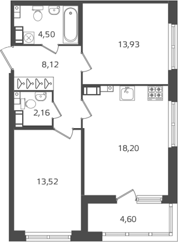 2-комнатная квартира 60.43 м², 7/15 эт., ЖК «Б15»