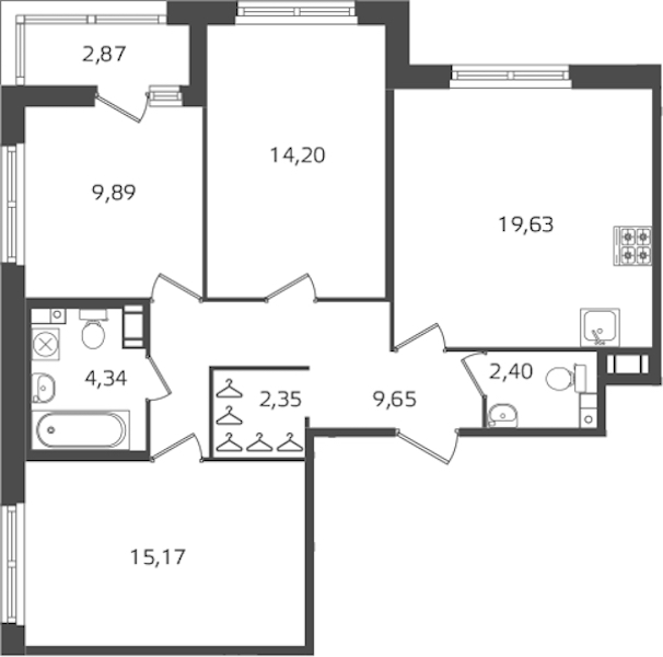 3-комнатная квартира 77.63 м², 8/15 эт., ЖК «Б15»