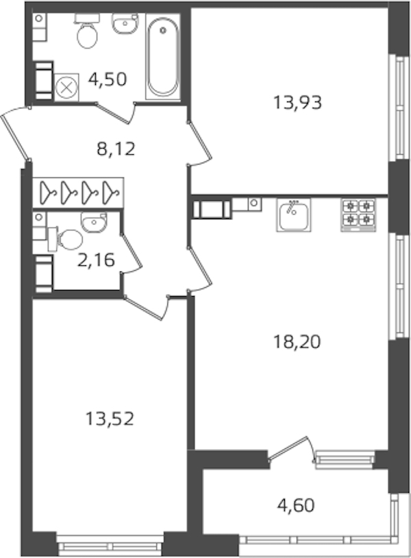2-комнатная квартира 60.43 м², 11/15 эт., ЖК «Б15»