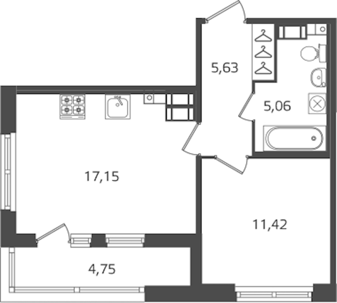 1-комнатная квартира 39.26 м², 13/15 эт., ЖК «Б15»