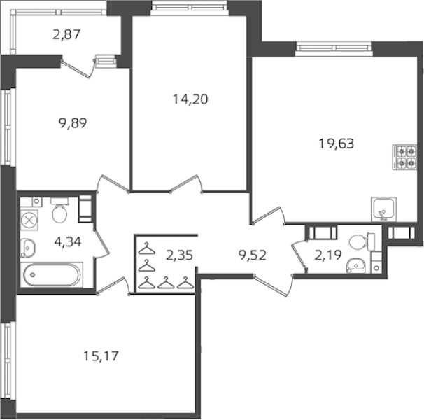3-комнатная квартира 77.29 м², 13/15 эт., ЖК «Б15»