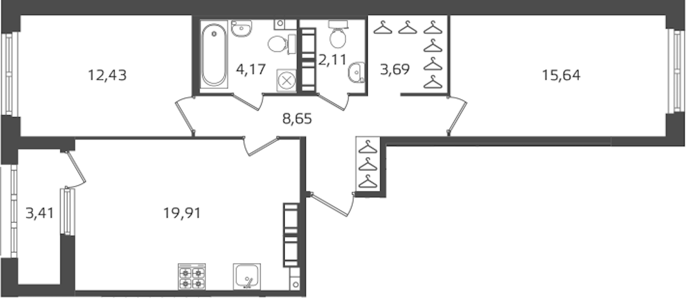 2-комнатная квартира 66.6 м², 14/15 эт., ЖК «Б15»