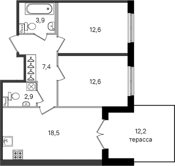 2-комнатная квартира 57.9 м², 1/4 эт., ЖК «Дубровский»