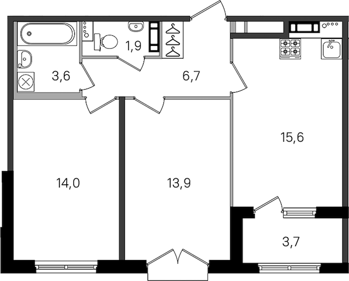 2-комнатная квартира 55.7 м², 3/4 эт., ЖК «Дубровский»