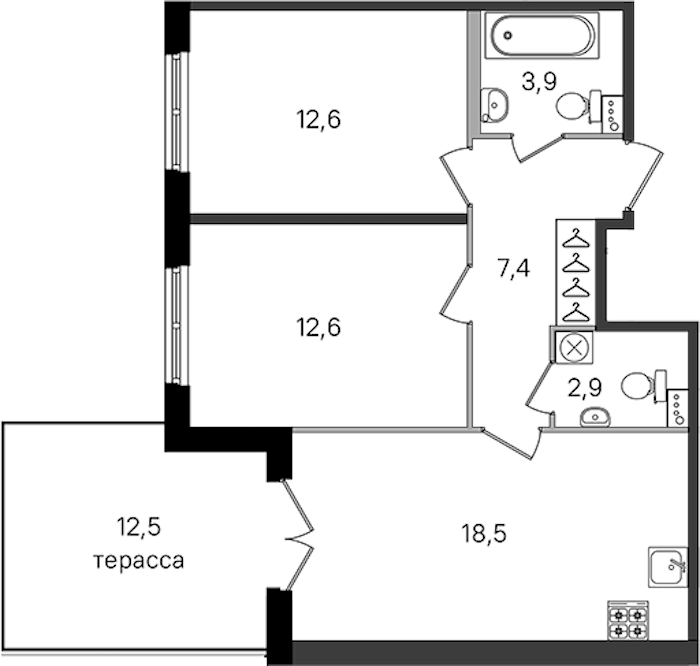 2-комнатная квартира 57.9 м², 1/4 эт., ЖК «Дубровский»