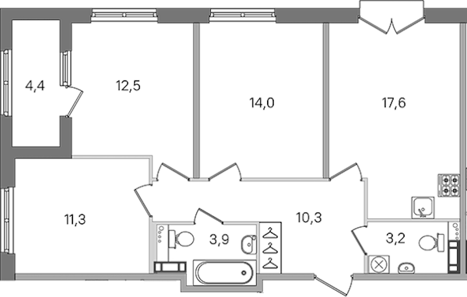 3-комнатная квартира 72.8 м², 3/4 эт., ЖК «Дубровский»