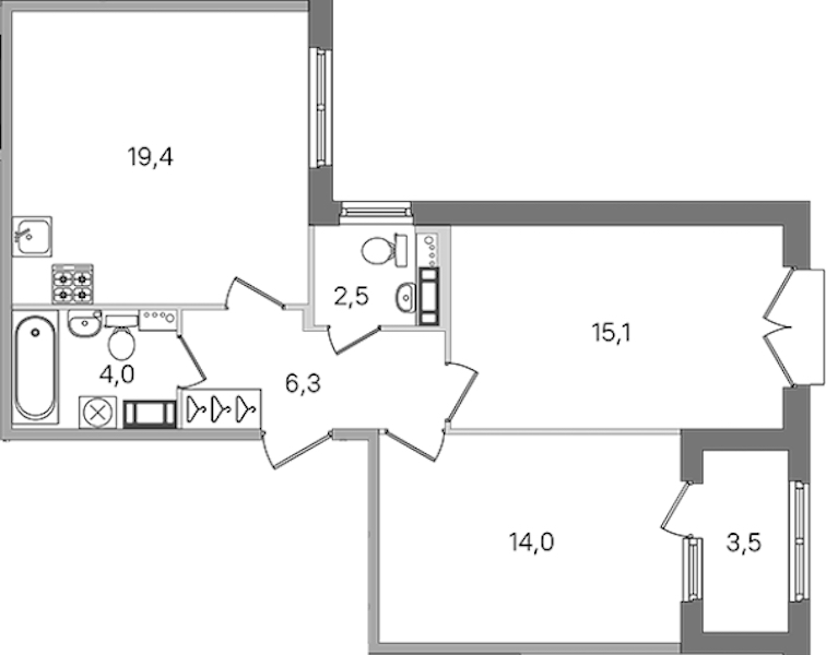 2-комнатная квартира 61.3 м², 4/4 эт., ЖК «Дубровский»