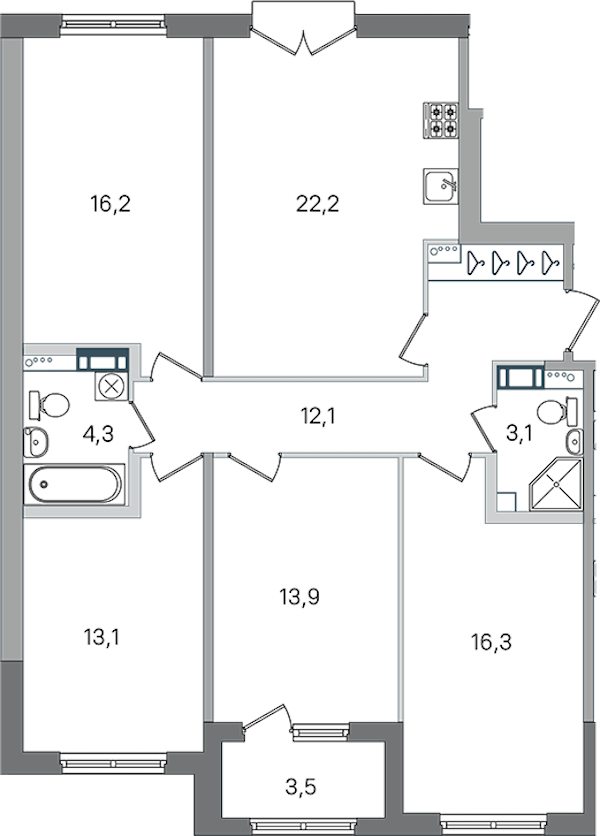 4-комнатная квартира 101.2 м², 3/4 эт., ЖК «Дубровский»