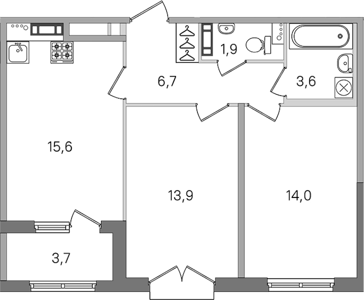 2-комнатная квартира 55.7 м², 3/4 эт., ЖК «Дубровский»