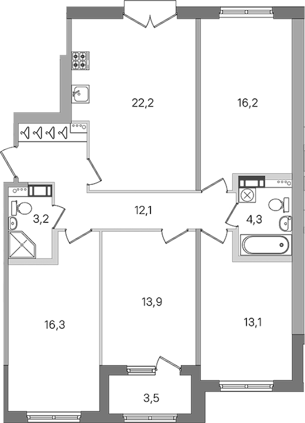 4-комнатная квартира 101.3 м², 4/4 эт., ЖК «Дубровский»