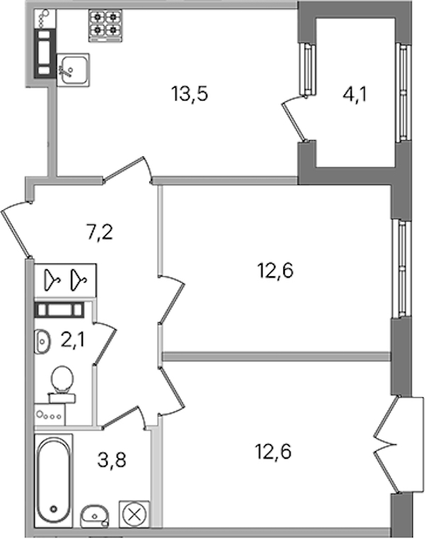 2-комнатная квартира 51.8 м², 3/4 эт., ЖК «Дубровский»