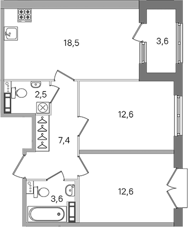 2-комнатная квартира 57.2 м², 3/4 эт., ЖК «Дубровский»