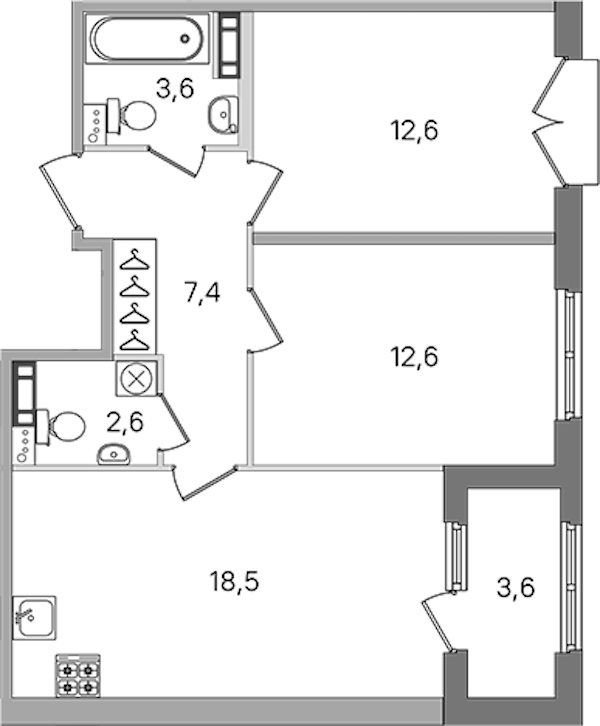 2-комнатная квартира 57.3 м², 3/4 эт., ЖК «Дубровский»