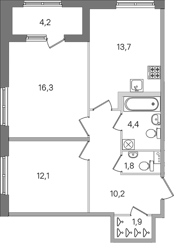 2-комнатная квартира 60.4 м², 1/4 эт., ЖК «Дубровский»